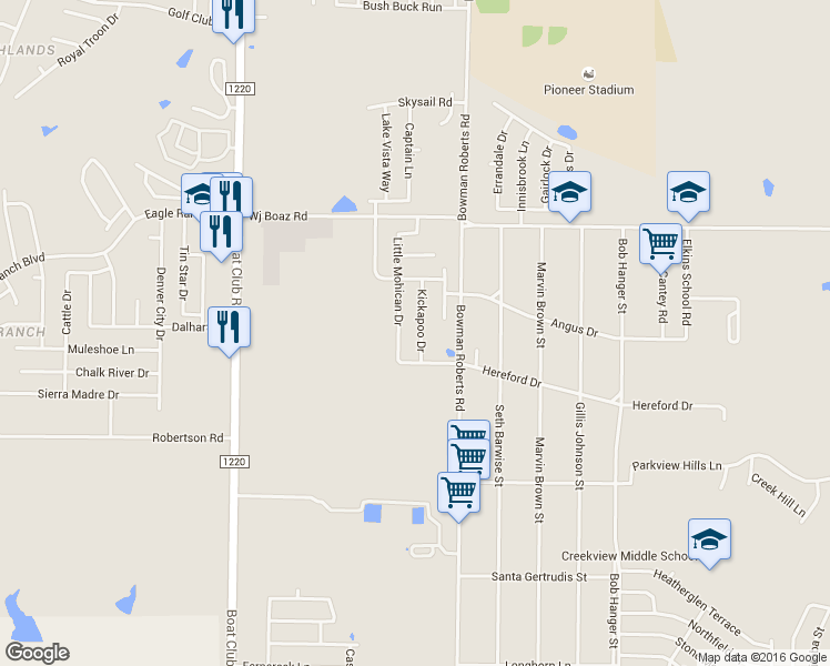 map of restaurants, bars, coffee shops, grocery stores, and more near 7129 Kickapoo Drive in Fort Worth