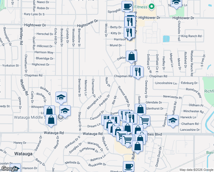 map of restaurants, bars, coffee shops, grocery stores, and more near 6609 Nola Drive in Watauga
