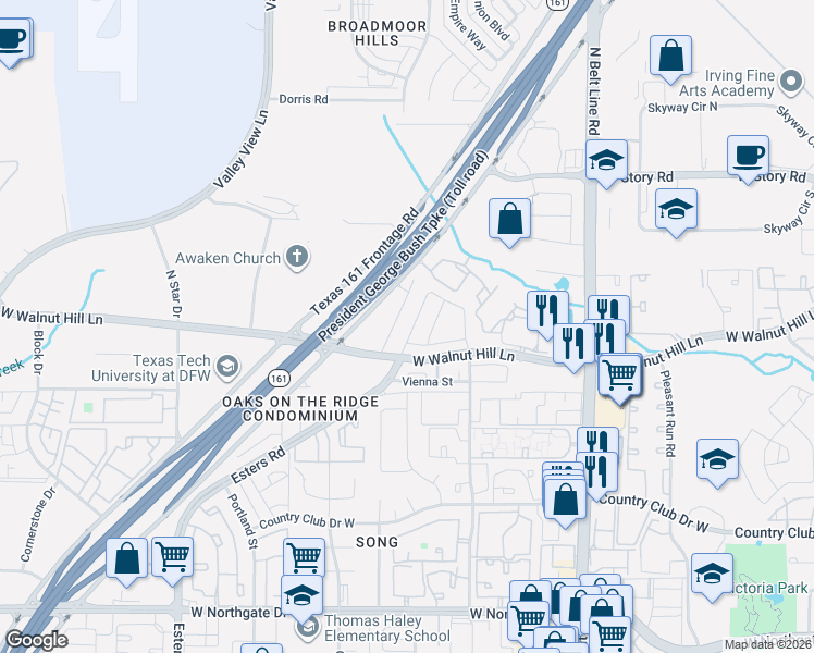 map of restaurants, bars, coffee shops, grocery stores, and more near 4127 Napoli Way in Irving