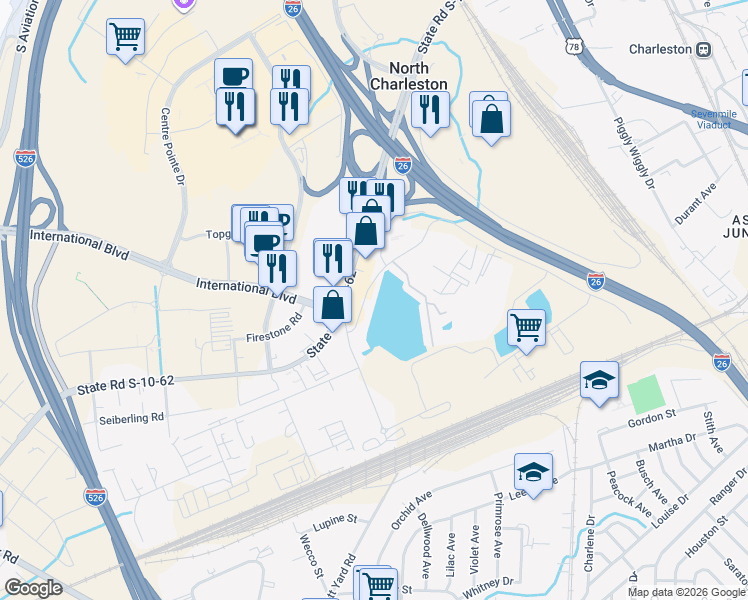 map of restaurants, bars, coffee shops, grocery stores, and more near 4747 Arco Lane in North Charleston