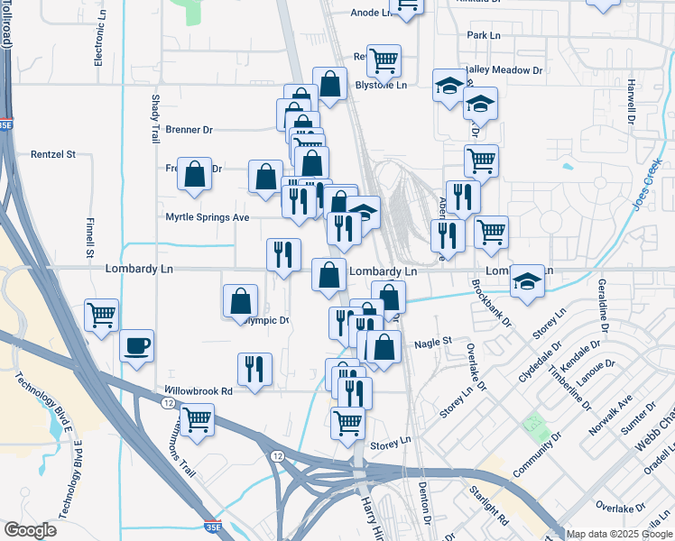 map of restaurants, bars, coffee shops, grocery stores, and more near Harry Hines Blvd & Lombardy Ln in Dallas