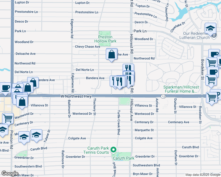 map of restaurants, bars, coffee shops, grocery stores, and more near 7 Turtle Creek Boulevard in Dallas