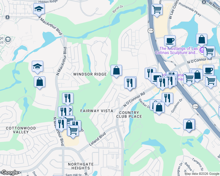 map of restaurants, bars, coffee shops, grocery stores, and more near 4447 Lena Lane in Irving