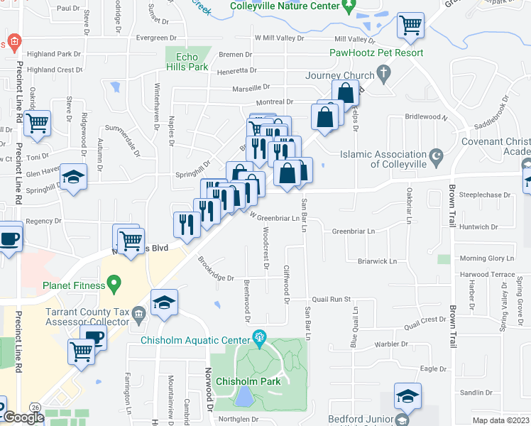 map of restaurants, bars, coffee shops, grocery stores, and more near 214 West Greenbriar Lane in Colleyville