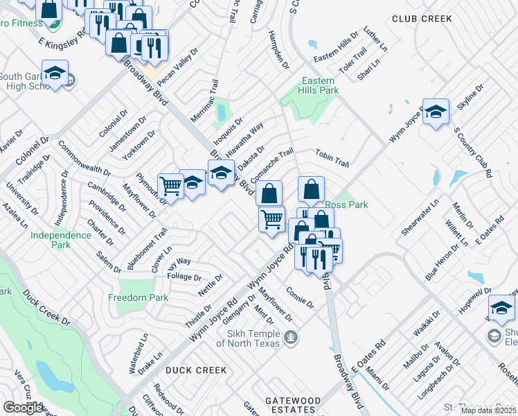 map of restaurants, bars, coffee shops, grocery stores, and more near 3909 Broadway Boulevard in Garland