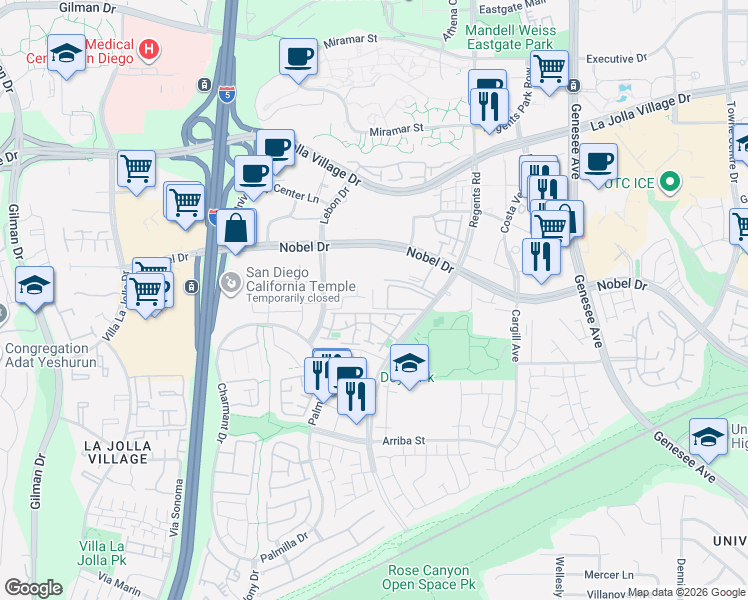 map of restaurants, bars, coffee shops, grocery stores, and more near 8332 Regents Road in San Diego