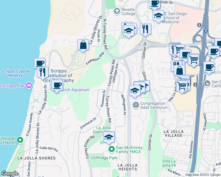 map of restaurants, bars, coffee shops, grocery stores, and more near 8806 Cliffridge Avenue in San Diego
