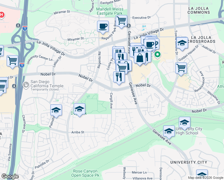 map of restaurants, bars, coffee shops, grocery stores, and more near Nobel Dr & Cargill Ave in San Diego