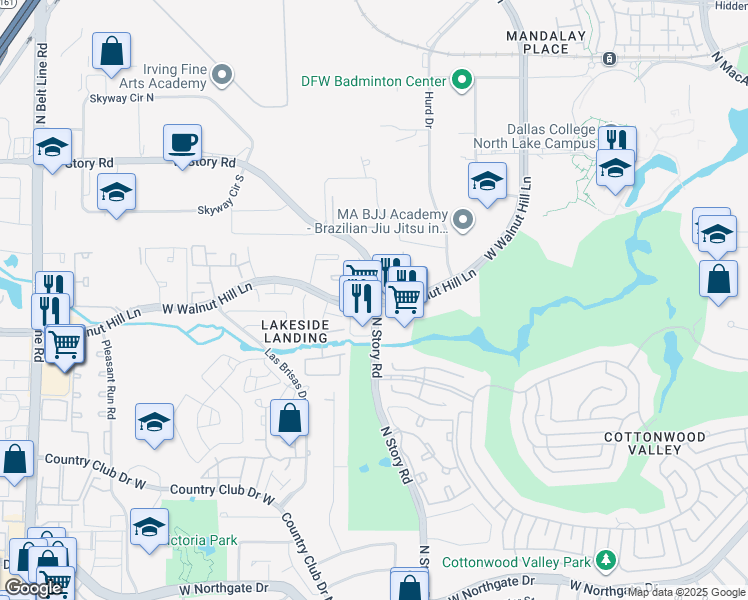 map of restaurants, bars, coffee shops, grocery stores, and more near in Irving