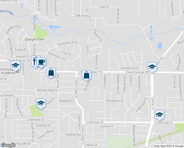 map of restaurants, bars, coffee shops, grocery stores, and more near 1517 Woodvale Drive in Bedford