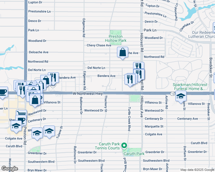 map of restaurants, bars, coffee shops, grocery stores, and more near 8560 Thackery Street in Dallas