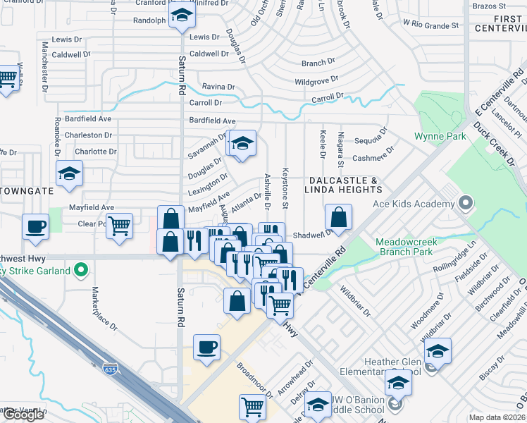 map of restaurants, bars, coffee shops, grocery stores, and more near 4217 Ashville Drive in Garland