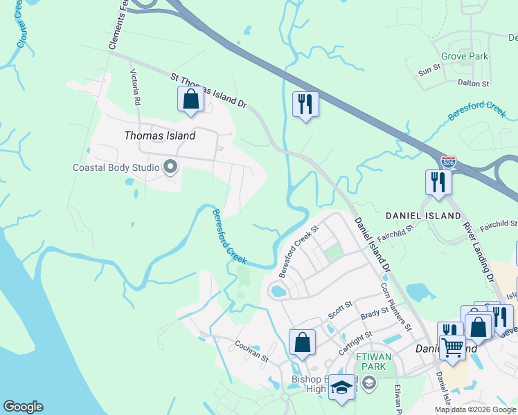 map of restaurants, bars, coffee shops, grocery stores, and more near 138 Collins Hill Lane in Charleston