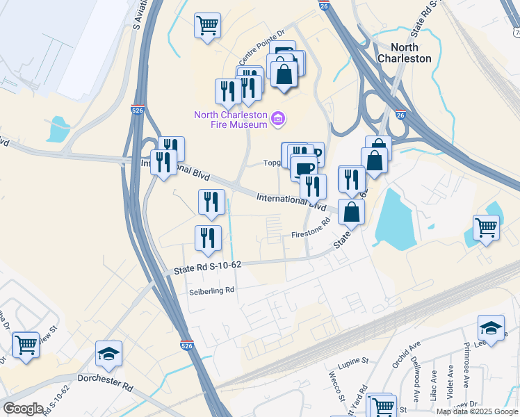map of restaurants, bars, coffee shops, grocery stores, and more near 5055 International Boulevard in North Charleston