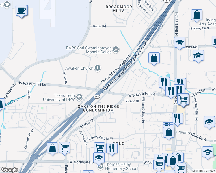 map of restaurants, bars, coffee shops, grocery stores, and more near 6363 Highway 161 in Irving