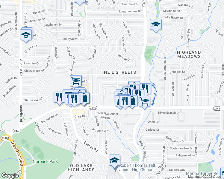 map of restaurants, bars, coffee shops, grocery stores, and more near 8615 Lullwater Drive in Dallas