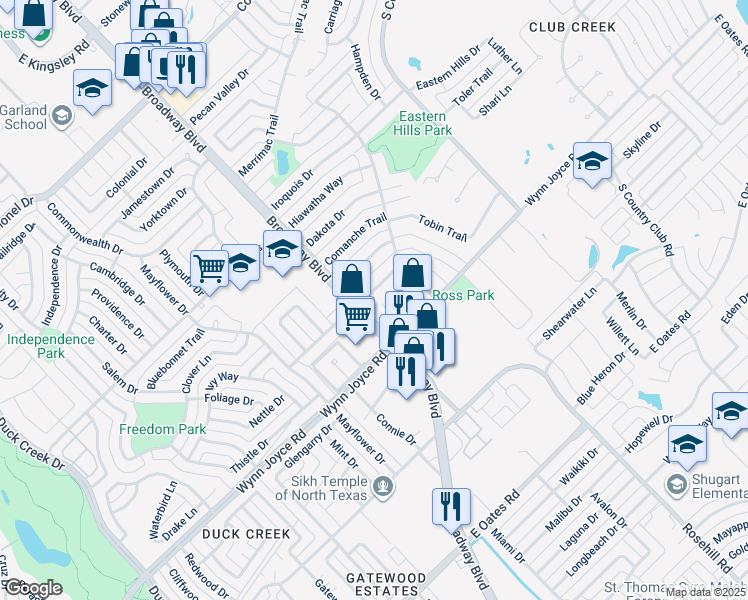 map of restaurants, bars, coffee shops, grocery stores, and more near 1606 Apache Drive in Garland