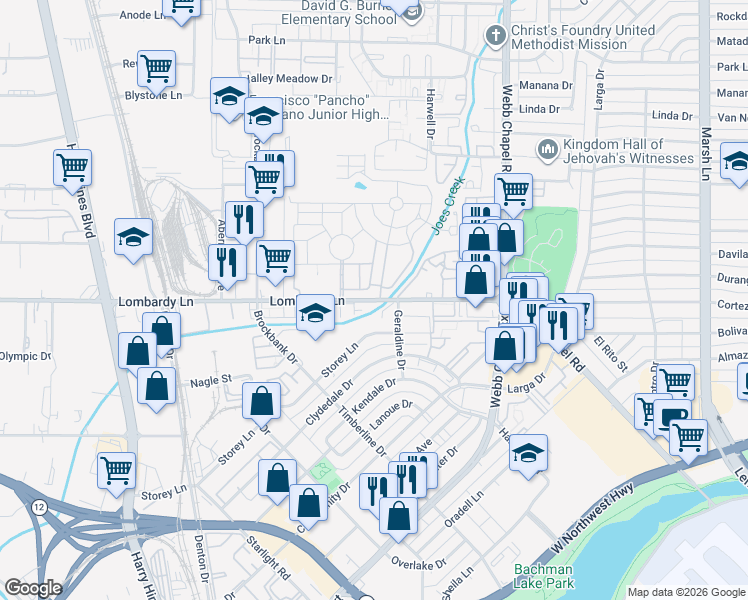 map of restaurants, bars, coffee shops, grocery stores, and more near 3959 Bowie Lane in Dallas
