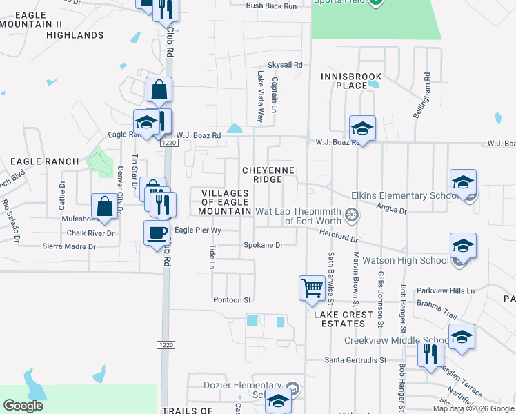 map of restaurants, bars, coffee shops, grocery stores, and more near 7128 Mohegan Drive in Fort Worth