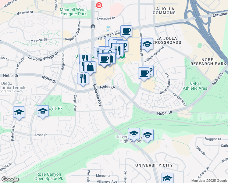 map of restaurants, bars, coffee shops, grocery stores, and more near 4435 Nobel Drive in San Diego