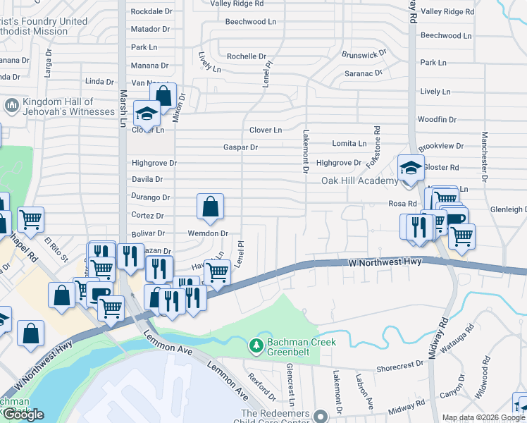 map of restaurants, bars, coffee shops, grocery stores, and more near 3933 Cortez Drive in Dallas