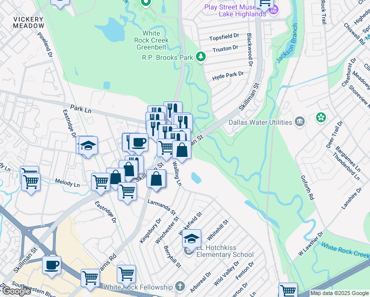 map of restaurants, bars, coffee shops, grocery stores, and more near 6640 Skillman Street in Dallas