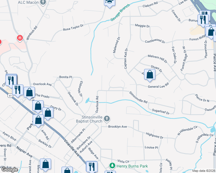 map of restaurants, bars, coffee shops, grocery stores, and more near 3585 Overlook Avenue in Macon