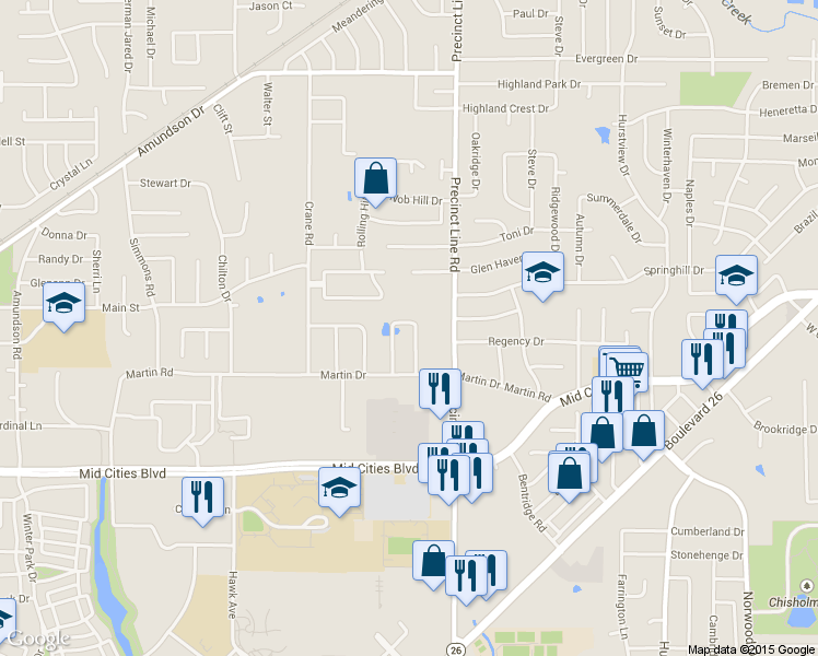 map of restaurants, bars, coffee shops, grocery stores, and more near 6525 Rock Springs Drive in North Richland Hills
