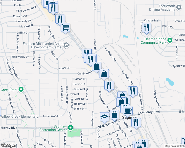 map of restaurants, bars, coffee shops, grocery stores, and more near 127 Cambridge Drive in Saginaw