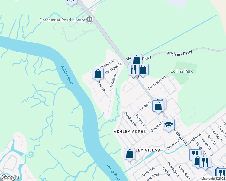 map of restaurants, bars, coffee shops, grocery stores, and more near 5827 Saint Angela Drive in North Charleston