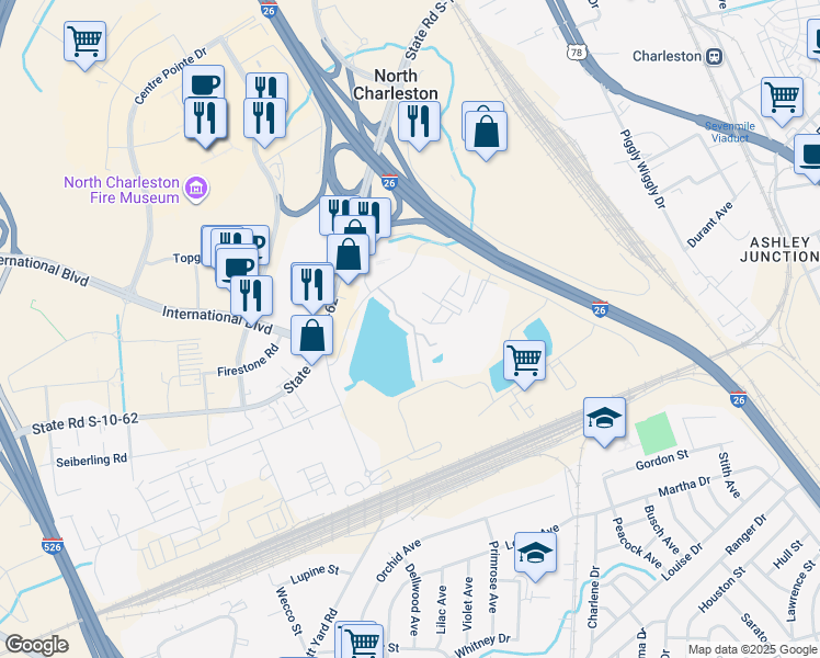 map of restaurants, bars, coffee shops, grocery stores, and more near 4943 Lake Palmetto Lane in North Charleston
