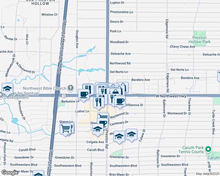 map of restaurants, bars, coffee shops, grocery stores, and more near 8509 Townhouse Row in Dallas