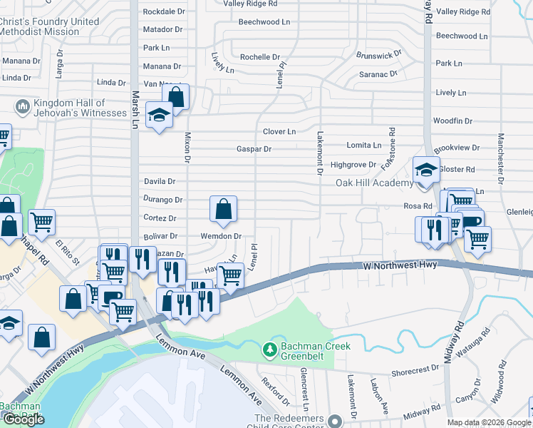 map of restaurants, bars, coffee shops, grocery stores, and more near 3933 Cortez Drive in Dallas