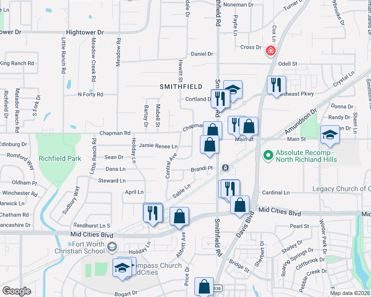 map of restaurants, bars, coffee shops, grocery stores, and more near 7726 Jamie Renee Lane in North Richland Hills