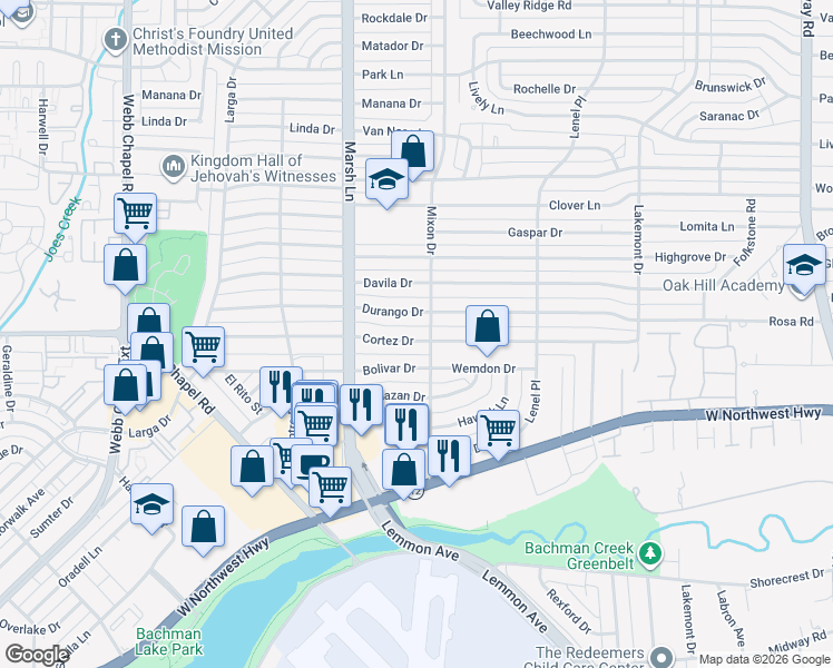 map of restaurants, bars, coffee shops, grocery stores, and more near 3761 Cortez Drive in Dallas