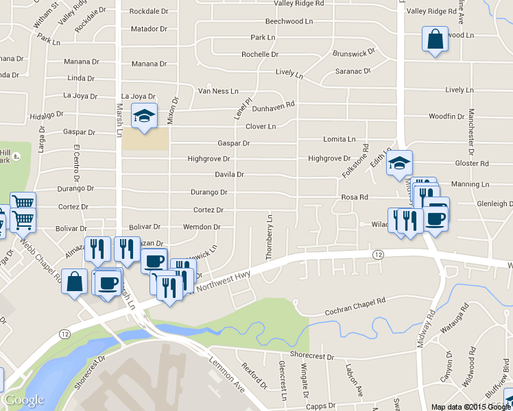 map of restaurants, bars, coffee shops, grocery stores, and more near 3933 Cortez Dr in Dallas