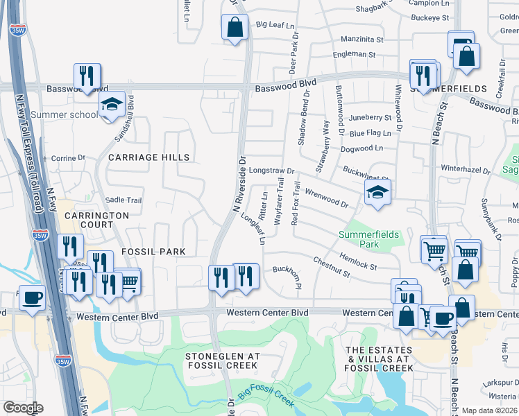 map of restaurants, bars, coffee shops, grocery stores, and more near 6817 Ritter Lane in Fort Worth