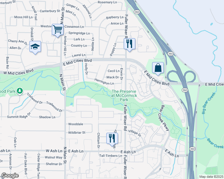 map of restaurants, bars, coffee shops, grocery stores, and more near 2193 Raines Court in Euless