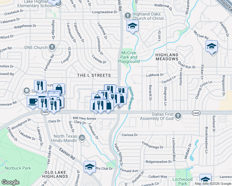 map of restaurants, bars, coffee shops, grocery stores, and more near 8616 Thorbrush Place in Dallas