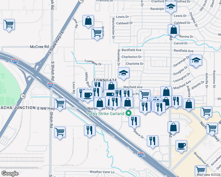 map of restaurants, bars, coffee shops, grocery stores, and more near 4127 Greenway Drive in Garland