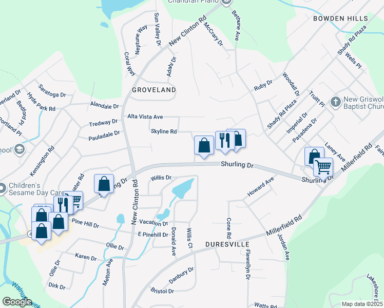 map of restaurants, bars, coffee shops, grocery stores, and more near 2616 Ellsworth Terrace in Macon