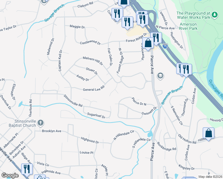 map of restaurants, bars, coffee shops, grocery stores, and more near 2917 Pickett Ridge in Macon