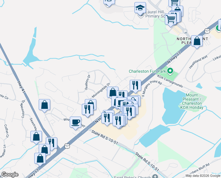 map of restaurants, bars, coffee shops, grocery stores, and more near 1205 Laurel Park Trail in Mount Pleasant
