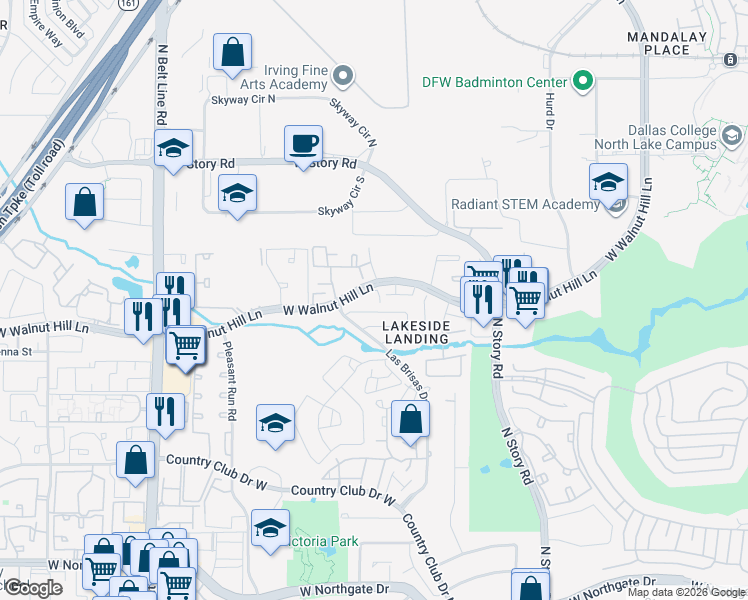 map of restaurants, bars, coffee shops, grocery stores, and more near 4405 Tophill Lane in Irving