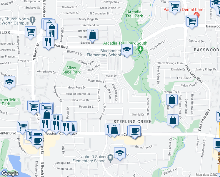 map of restaurants, bars, coffee shops, grocery stores, and more near 6948 Bentley Avenue in Fort Worth