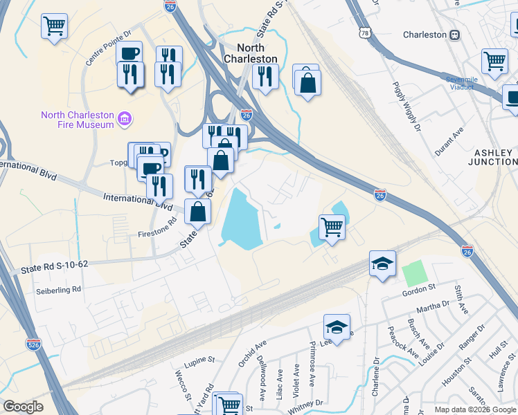 map of restaurants, bars, coffee shops, grocery stores, and more near 4943 Lake Palmetto Lane in North Charleston