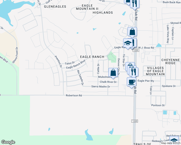 map of restaurants, bars, coffee shops, grocery stores, and more near 6805 White River Drive in Fort Worth