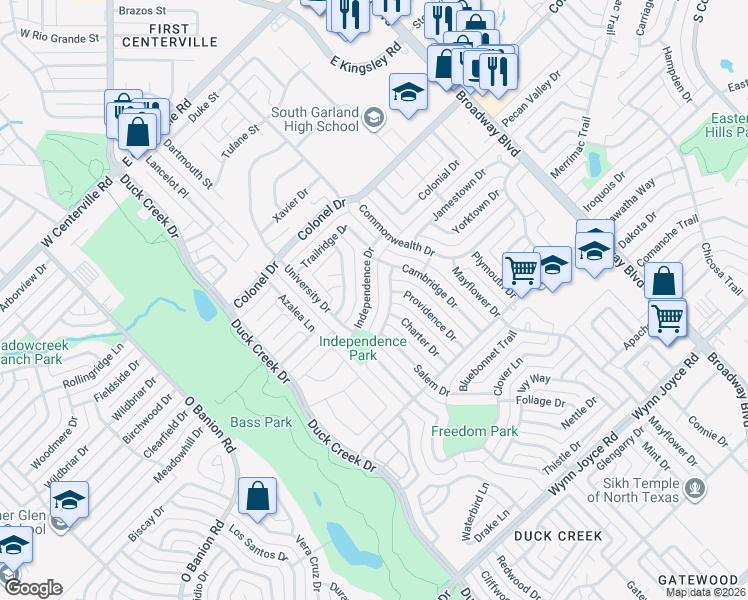 map of restaurants, bars, coffee shops, grocery stores, and more near 230 Independence Drive in Garland