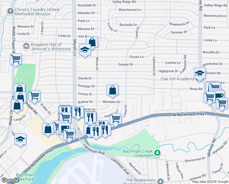 map of restaurants, bars, coffee shops, grocery stores, and more near 3859 Cortez Drive in Dallas