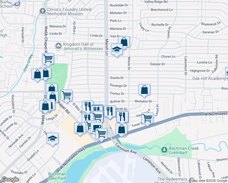 map of restaurants, bars, coffee shops, grocery stores, and more near 3723 Cortez Drive in Dallas